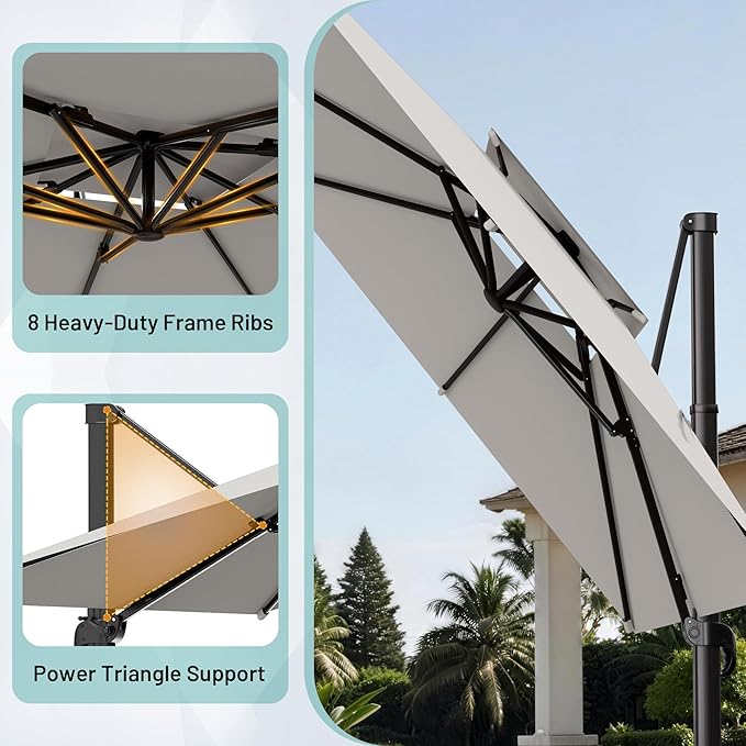 AreShark 9×9FT Double-Top Cantilever Patio Umbrella, Square Offset Umbrella with 360 Degree Rotation, Heavy Duty Patio Umbrella for Garden Deck Pool, 5 Tilt Angles, Light Grey