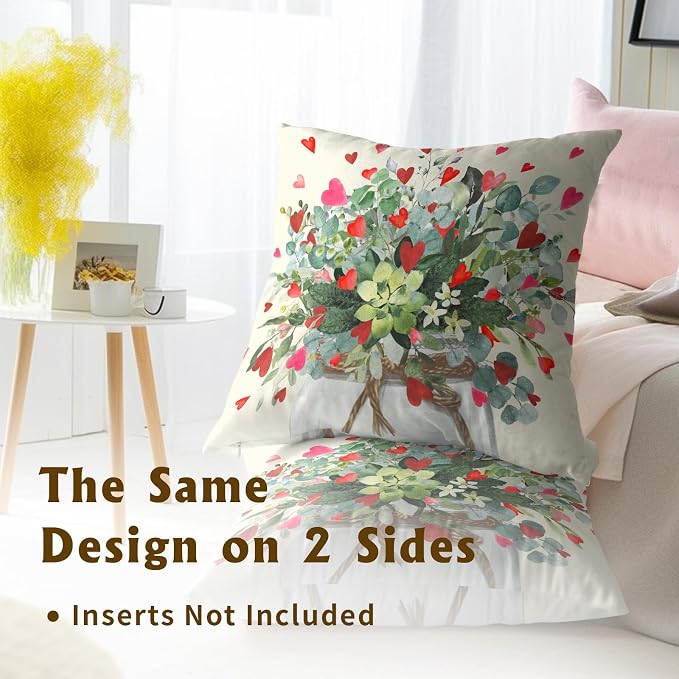 Valentine's Day Throw Pillow Covers 22x22 Inch Set of 2, Red Love Hearts Eucalyptus Leaves Jar Decorative Pillowcases Square Couch Cushion Cover for Wedding Anniversary Decor