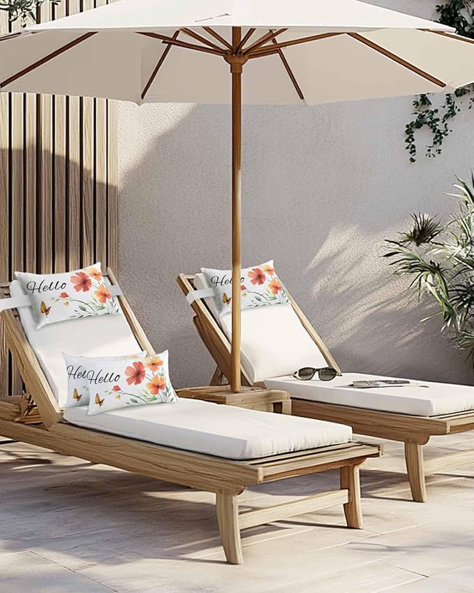 Pack of 2 Outdoor Lumbar Cushions with Inserts, Hello Elegant Butterfly Flowers Plants Waterproof Fluffy Fade Body Pillows, Patio Furniture Pillow for Home Balcony Garden Decor 12x20IN