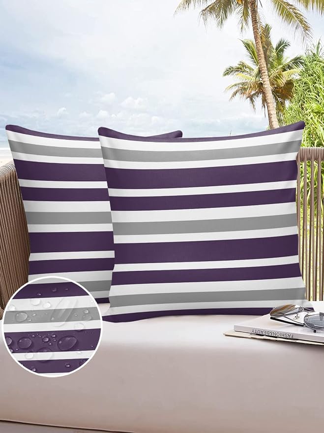 Outdoor Waterproof Throw Pillow Covers Set of 2 Grey Purple Stripes Decorative Outdoor Pillows Cushion Case 24x24 Inch Classic Striped Patio Pillows for Couch Sofa Bed Garden Office Home Decor