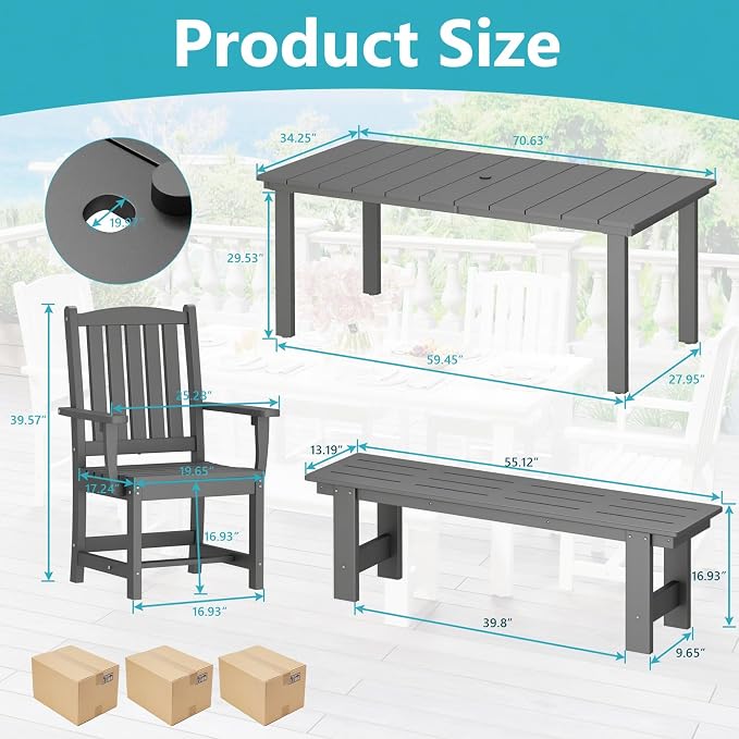 ROCSUMOO 7-Piece Outdoor Dining Table Sets, Patio HDPE Dining Table and Chair Set with Umbrella Hole, All Weather Outdoor Dining Furniture Set (Grey, 1 Table + 6 Chairs)