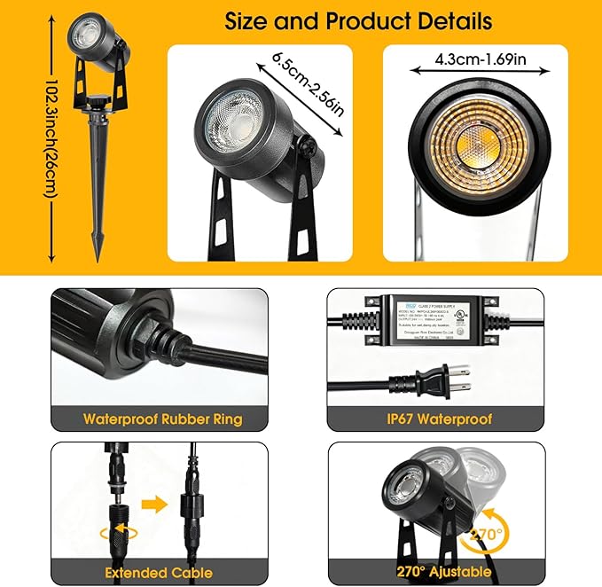 CPLIRIS Outdoor Landscape Lighting, LED Spot Lights Kit for Garden, Yard, House, Lawn, Tree, Flags, Fence Use, Warm White 2700k-3300k, IP67 Waterproof & Connectable - 6 Pack