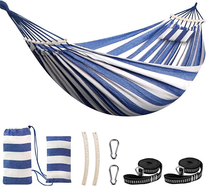 Chihee Cotton Hammock Holds Up to 660lbs Fabric Hammock 8.9x4.9ft Soft Portable Tree Hammocks Camping with Detachable Spreader Bar Pillow 2 Strong Webbings 2 Carabiners Indoor Outdoor Backyard Garden