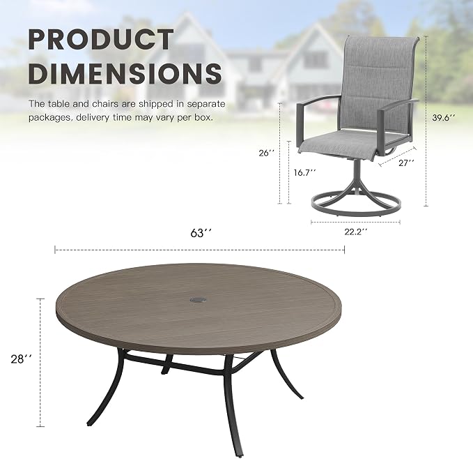 Outdoor Dining Set for 8, 63" Outdoor Dining Table with Umbrella Hole and Padded Textilene Patio Swivel Chairs, 9 Pieces Patio Table and Chairs Set for Garden Backyard, Grey