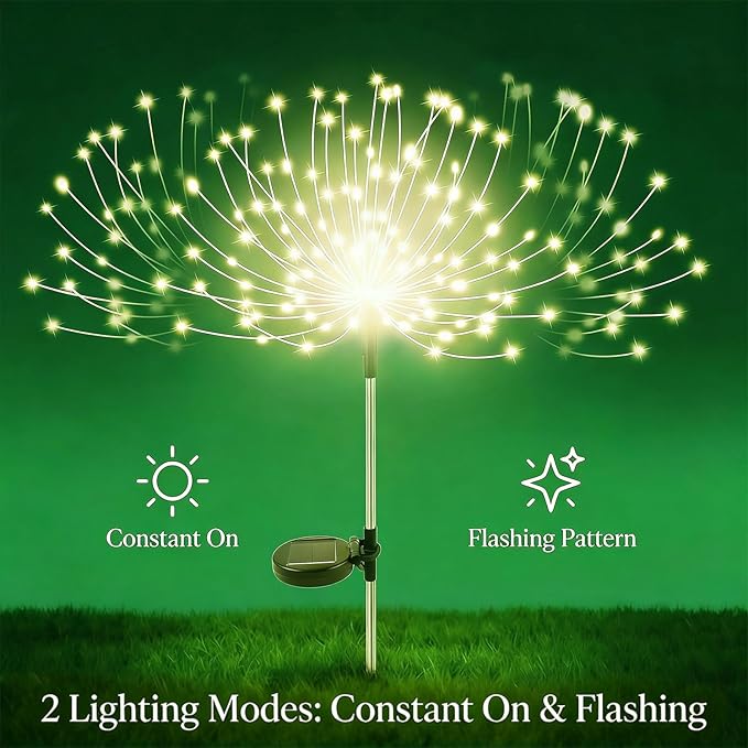 Solar Firework Lights Outdoor, 200 LED Starburst Garden Lights, Adjustable Height 2/3-Rod up to 51in, Stainless Steel, 2 Lighting Modes, IP65 Waterproof Pathway Light for Yard Patio Lawn