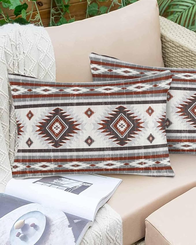 Outdoor Waterproof Throw Pillow Covers Set of 2 Red Gray Boho Aztec Lumbar Pillowcases 20x12 Inches Southwest Tribal Geometric Patio Decorative Pillows Cushion Case Patio Pillows for Couch Bed Garden