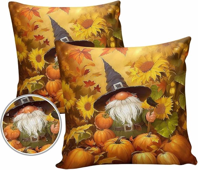 Outdoor Waterproof Throw Pillow Covers 24x24in, Fall Harvest Pumpkins Gnome Cushions for Garden Patio Furniture Chairs Set of 2, Thanksgiving Sunflowers Home Decor Couch Sofa Polyester Pillow Cases