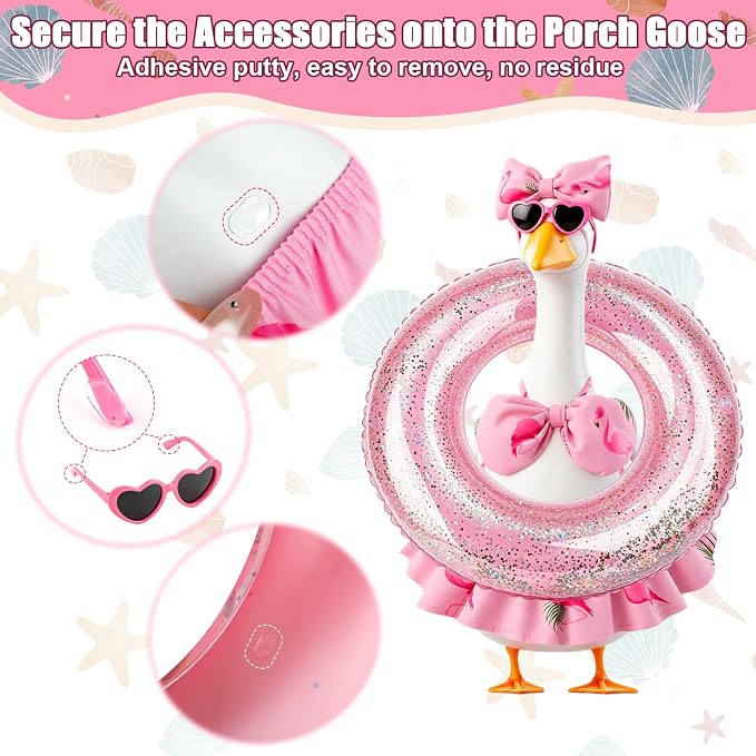 Summer Porch Goose Outfits Bikini - Hawaiian Porch Goose Clothes with Sunglasses and Swimming Ring for 23" Cement Goose Statue, Pink Flamingos Lawn Geese Costume Garden Yard Decor