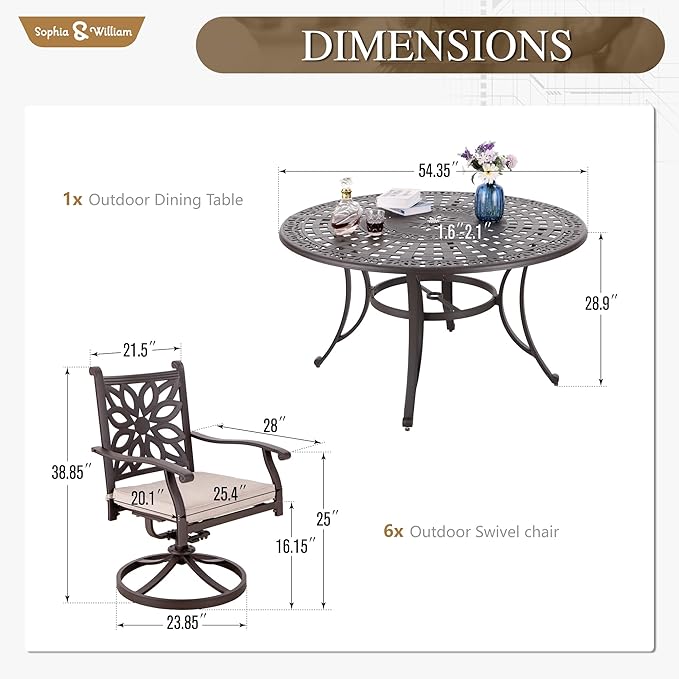 Sophia & William 7 Pieces Cast Aluminium Patio Dining Furniture Set for 6, Outdoor Swivel Rocking Chairs and Round Table with 2.2" Umbrella Hole for Porch Backyard Deck, Bronze