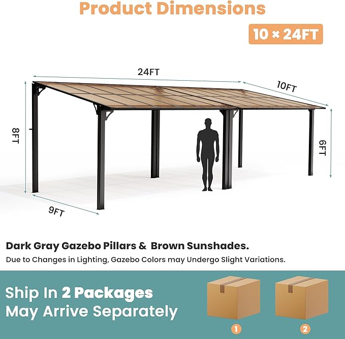 Pamapic 10 * 24FT Wall Mounted Gazebo,Hardtop Lean to Pergola,Outdoor Gazebo,Aluminum Frame Pergola,UV Resistant Polycarbonate Roof,Outdoor Patio Awnings for Deck,Backyard