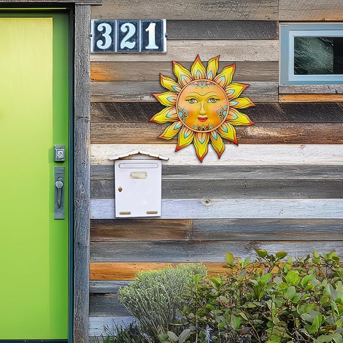 Metal Sun Flower Wall Decor - 12.87 inches Sun Wall Art Hanging Decorations for Outdoor, Home Garden Yard Patio Fence Bedroom Decor