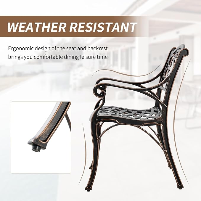 3 Piece Patio Bistro Set, Outdoor Cast Aluminum Dining Set, Patio Bistro Furniture Set Round Table with Umbrella Hole for Backyard Lawn Garden