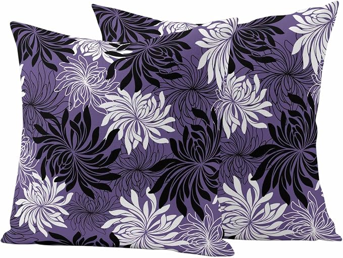 Yukro Purple Black Floral Outdoor Waterproof Pillow Covers Pack of 2, Vintage White Black Flower Purple Decorative Throw Pillowcases Cushion Covers for Garden Patio Tent Sofa Couch, 26x26 inch