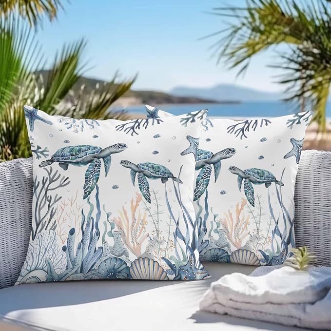 Outdoor Pillow Covers 26 x 26 in, Blue Sea Turtle Waterproof Throw Pillow Cover Set of 2, Ocean Beach Coral Nautical Coastal Shell Home Decorative Square Cushion Covers for Patio/Couch/Garden