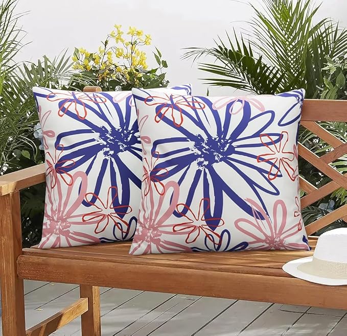 Pyonic Outdoor Waterproof Pillow Covers Pack of 2 Dahlia Water Resistant Decorative Outdoor Pillow Covers 18x18 inch Square Patio Pillows for Funiture Garden,White