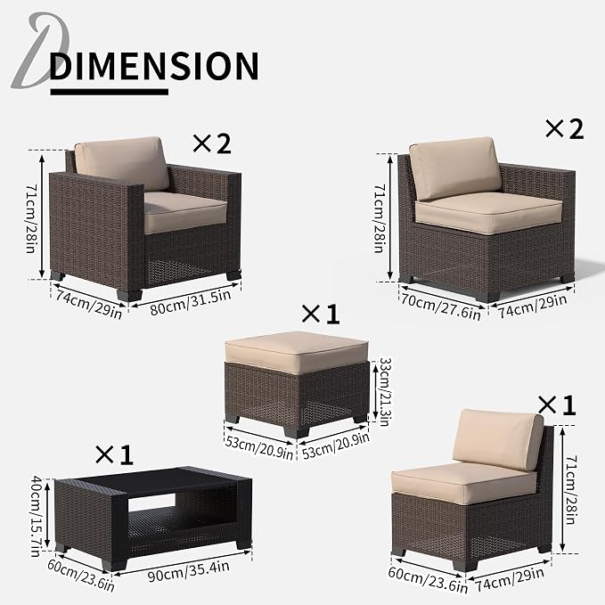 YLGJ&TIDY 7 PCS Outdoor Patio Wicker Furniture Set Sofa with Coffee Table | All Weather Rattan Woven Patio Conversation Set with Khaki Thicken Cushion and Tempered Glass Table for Garden Backyard