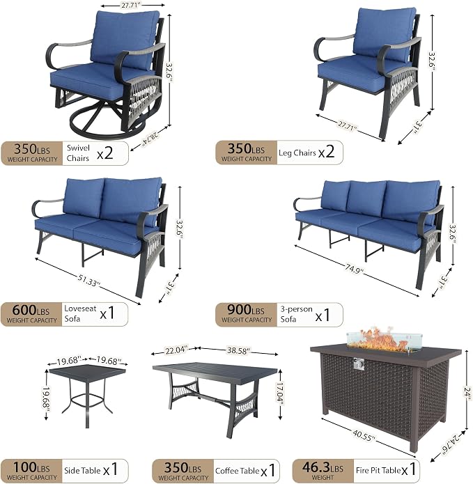 9 Pieces Patio Furniture Set, Metal Outdoor Conversation Sets with Fire Pit Table and Swivel Chairs for Backyard Garden Deck Porch Poolside (Thick Blue Cushions)