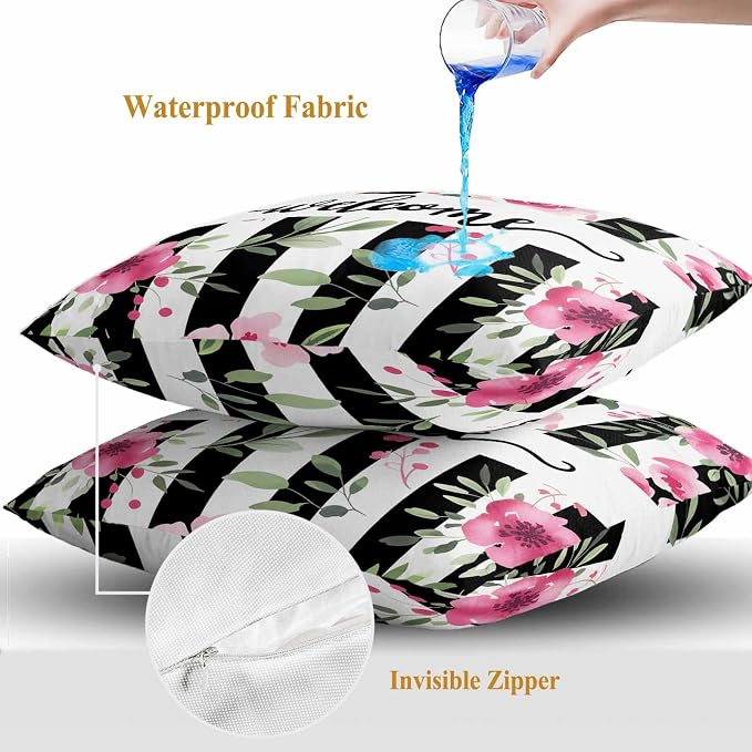Throw Pillow Covers 18x18 Inch Set of 2, Pink Red Flower Waterproof Outdoor Cushion Covers, Watercolor Floral Leaf Black White Stripe Decorative Pillowcases for Couch, Sofa, Bed, Garden, Patio