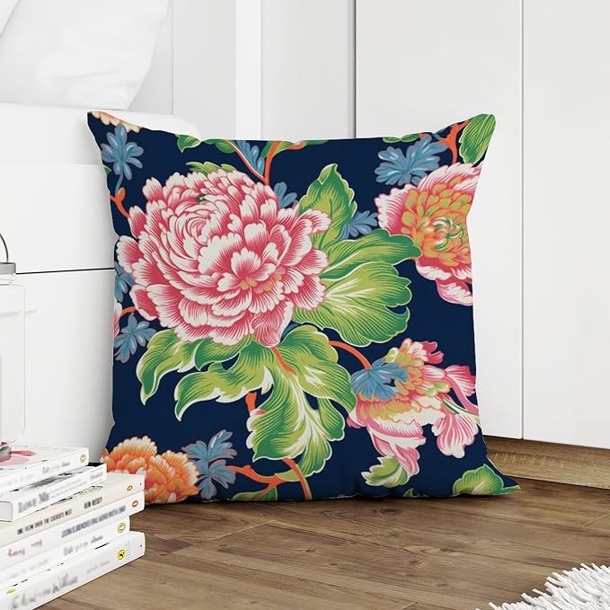 Pillowcase Floral Bright and Cheery Chinoiserie Pillow Covers Abstract Pink Coral Peony on Navy Pillow Cover Accent Square Couch Sofa Cushion Covers for Patio Furniture Tent Garden 16x16 in