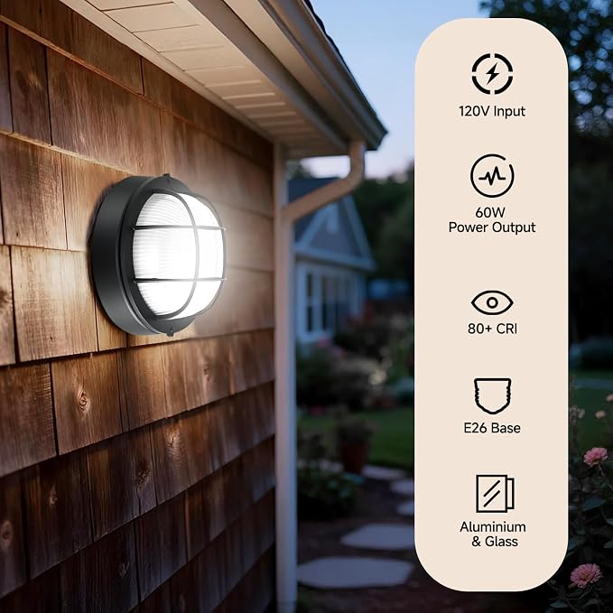 8"Outdoor Bulkhead Light, Black Round Exterior Bulkhead Wall Light Fixture, Nautical Bulkhead Sconce lighting, Waterproof Sauna Light, Wall/Ceiling Flush Mount, Aluminum & Glass, E26 60W, 2 Pack