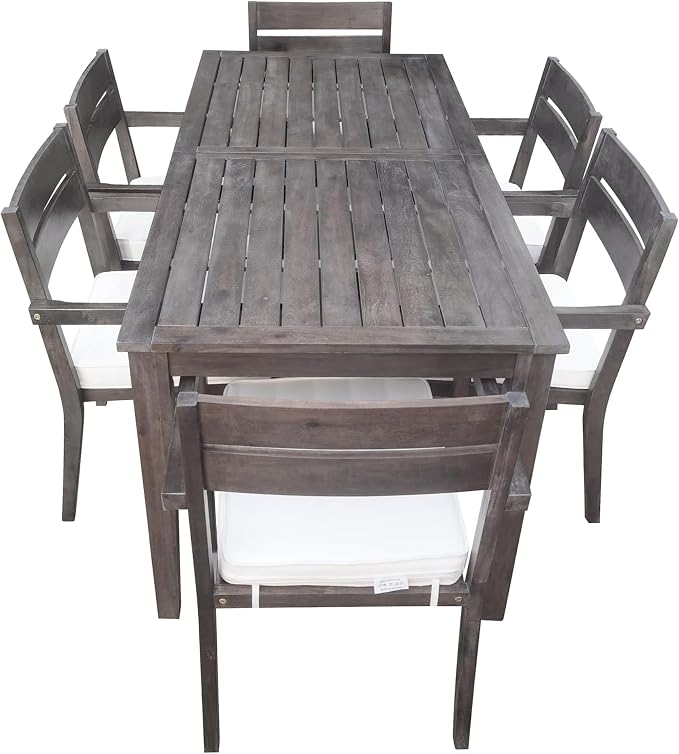 RUNNA 7-Piece Outdoor Patio Dining Set,Acacia Wood Outdoor Dining Table and Chairs Set with Armrest Chairs with Cushions for Patio, Balcony Or Backyard (Grey/Acacia Wood)