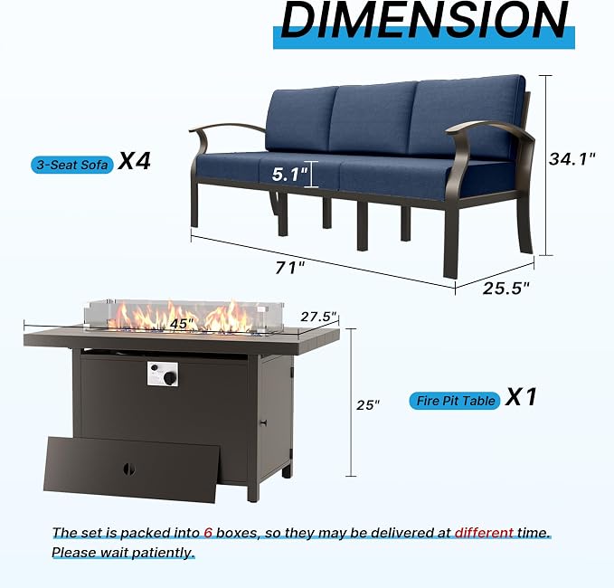 Gotland Aluminum Patio Furniture Set with Fire Pit Table, Metal Patio Furniture with 12 Seats Waterproof 5.1'' Seat Cushions, Oversized Outdoor Sectional Conversation Sets for Balcony Porch Navy
