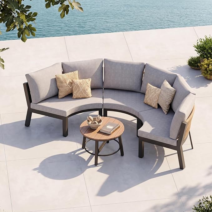 Half Moon Patio Furniture Set, Aluminum Curved Patio Conversation Sets, Luxury Outdoor Sectional Sofa with PE Rope, All-Weather 4 Pcs Outdoor Couch with Modular Coffee Table & Cushions, Gray