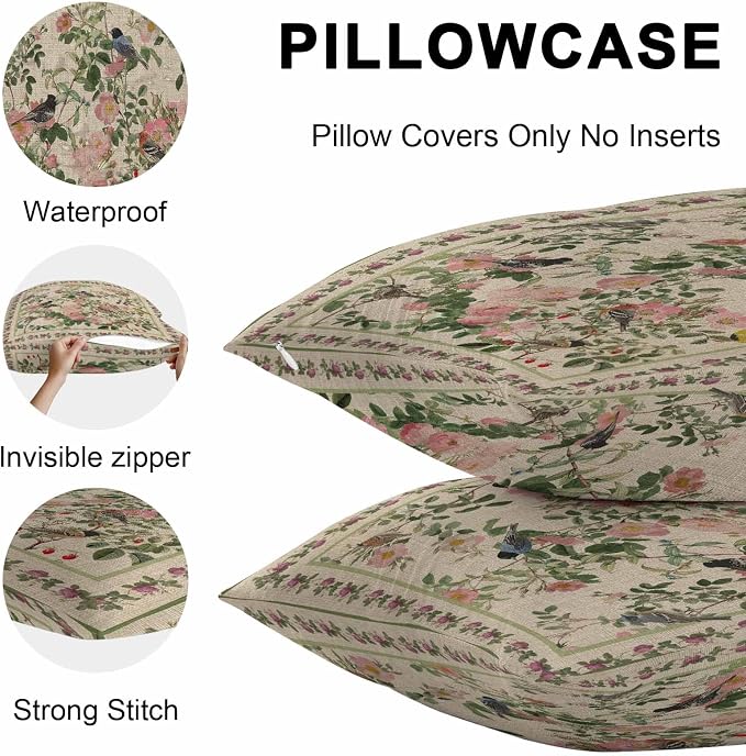 Vandarllin Outdoor Throw Pillows Covers 26x26 inch Set of 2 Waterproof Pink Floral Bird Decorative Zippered Cushion Covers for Patio Furniture, Green Leaves Branches Linen Lumbar Pillowcases