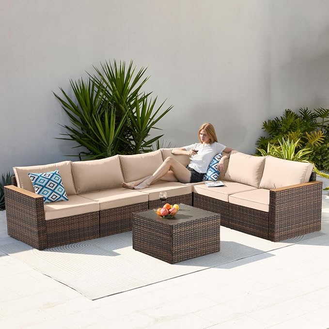 Exclusive Quick Install Patio Furniture Set 7 Pieces Outdoor Patio Furniture Durable Wicker Outdoor Couch Patio Sectional Sofa Conversation Sets for Backyard & Lawn & Outside