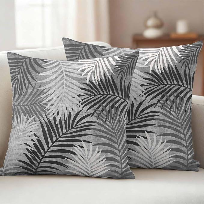 Outdoor Waterproof Throw Pillow Covers, Grey Palm Leaves Decorative Pillow Cases, Summer Botanical Tropical Leaf Couch Pillow Protector Patio Sofa Cushion Covers Replacement 16"x16" 2 Pack