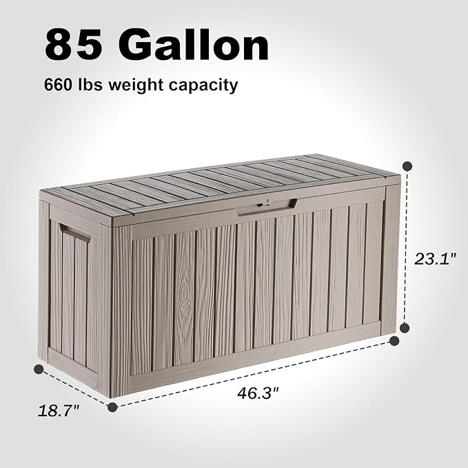 EasyUp 85Gal Outdoor Deck Box Waterproof, Lager Patio Storage Box Indoor and Outdoor Use, Lockable Resin Storage Bin for Patio Furniture Cushions Garden Tools, Package Delivery,UV Resistant-Grey
