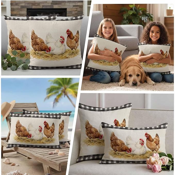 Farmhouse Rooster Outdoor Waterproof Pillow Covers, Farm Chicken Animals Retro Buffalo Plaid Decorative Square Throw Pillowcase Sofa Cushion Sham for Patio/Couch/Chair, 18"x18" 2 Pack