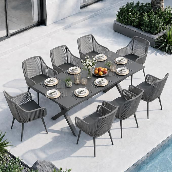 Patiorama 9-Piece Outdoor Patio Dining Set, Patio Dining Table Chair Set for 8, Patio Wicker Dining Furniture Set with 76'' Aluminum Rectangular Dining Table & Twisted Rattan Chairs for Garden, Grey