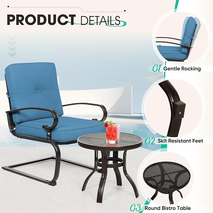 Incbruce 7 Piece Wrought Iron Patio Furniture Set Metal Outdoor Conversation Sets (Loveseat, Coffee Table and Bistro Table, 2 Spring Chair, 2 Dining Chairs) with Cushion (Peacock Blue)