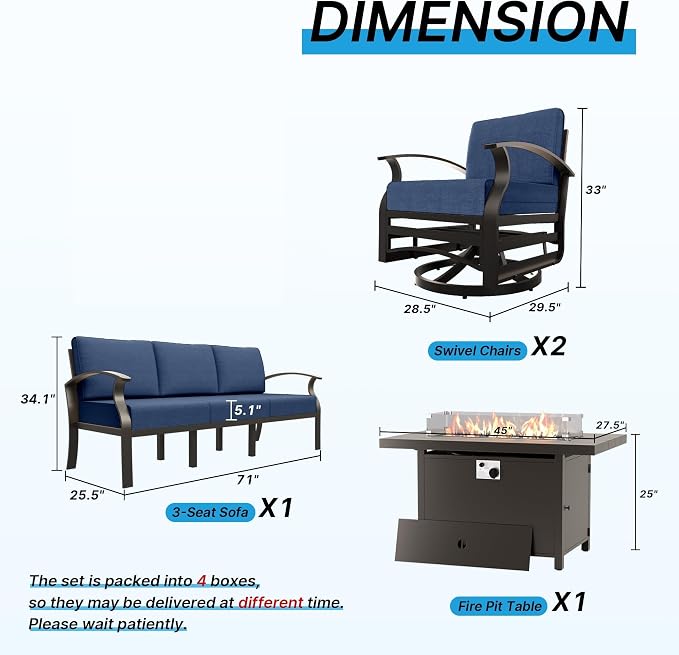 Gotland Aluminum Patio Furniture Set with Fire Pit Table, Metal Patio Furniture with 2 Swivel Rocking Chairs Waterproof 5.1'' Seat Cushions, Oversized Outdoor Sectional for Garden Balcony Porch Navy