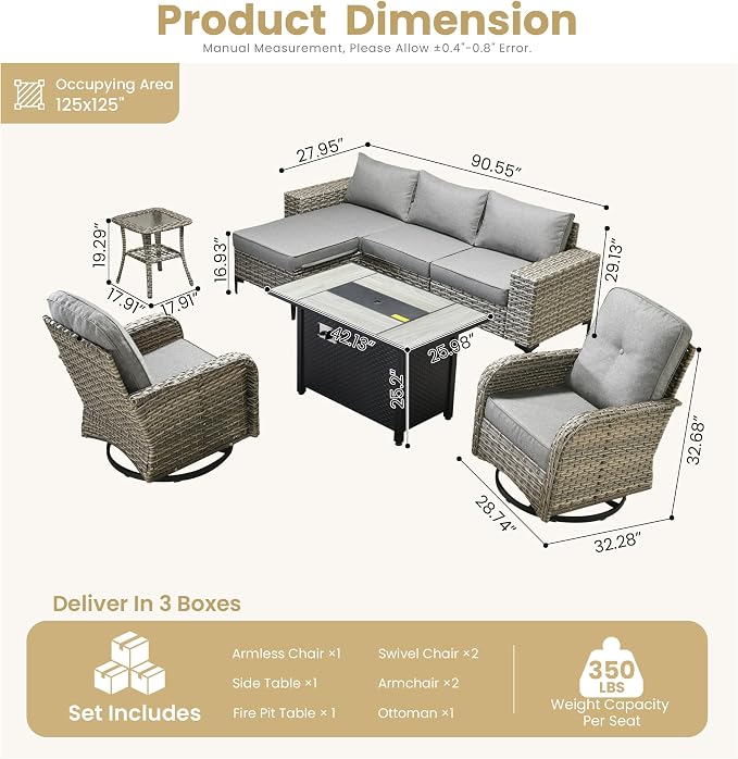 HOOOWOOO 8 Pieces Patio Furniture Set,L Shaped Outdoor Sectional Couch with Fire Pit Table, Pe Wicker All Weather Outside Conversation Sofa Swivel Chiars Solar Table Ottoman Set,Charcoal Gray