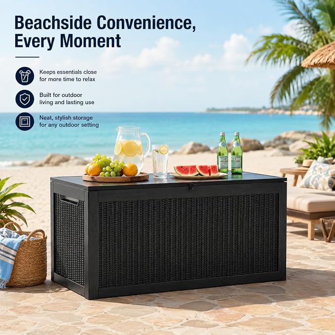Outdoor Deck Patio Storage Box - 325 Gallon Extra Large Resin Wicker Yard Storage Bin with Lid for Furniture Cushions, Pool Floats, Garden Tools & Outside Toy Storage, Black