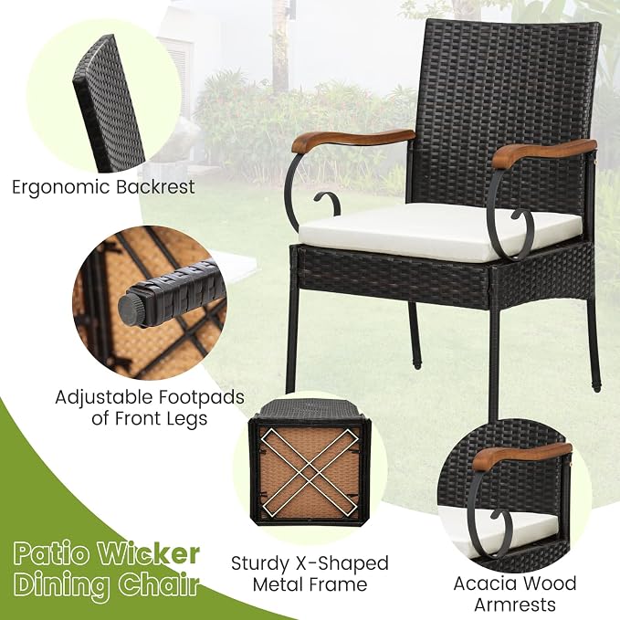Tangkula 5 PCS Patio Rattan Dining Set, Outdoor Wicker Chair & Dining Table Set, Acacia Wood Tabletop & Armrests, 2” Umbrella Hole, Seat Cushions Included, Backyard (5 PCS)