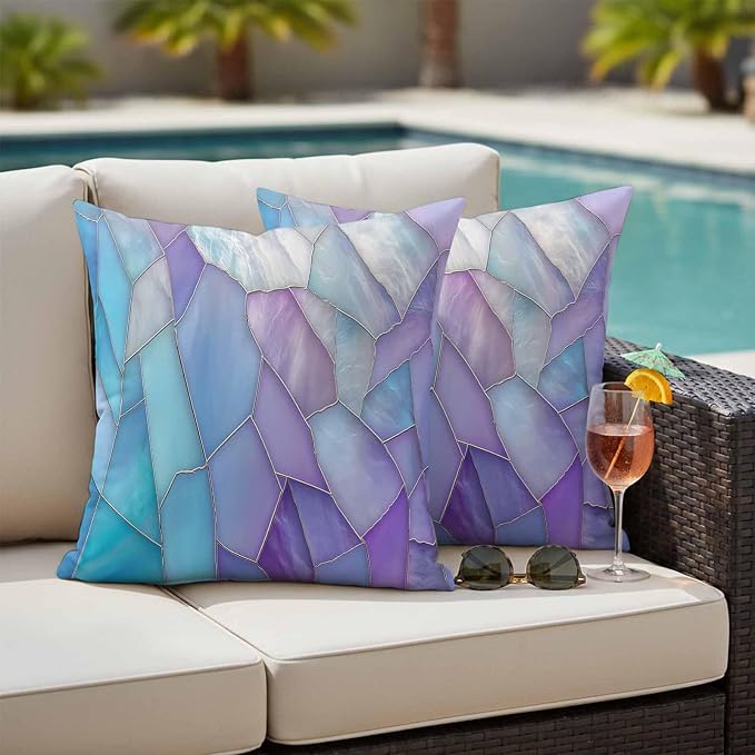 Blue Purple Gradient Outdoor Waterproof Pillow Covers Set of 2, Abstract Glass Geometric Marble Modern Pillowcase Decorative Throw Cushion Cases for Patio Garden Couch 26 x 26 Inches