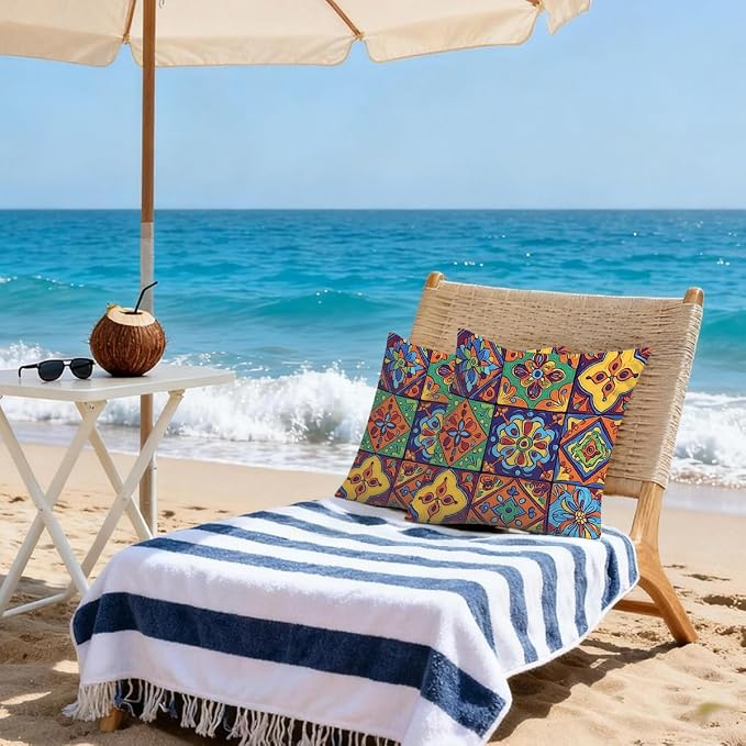 16x16 Inch Outdoor Pillow Covers Set of 2 Waterproof Throw Pillow Covers Decorative Couch Cushion Covers Mexican Floral Checkered Square Pillowcases Protectors for Patio Garden Sofa