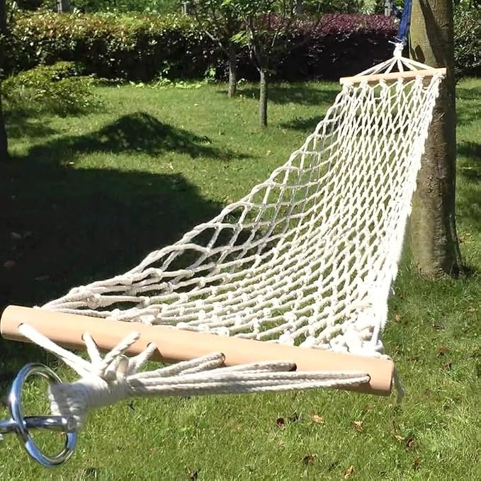 Compact Cotton Rope Hammock with Spreader Bars – 200 × 30 cm Bed, 120 kg / 265 lb Capacity, Portable 1-Person Net (White)