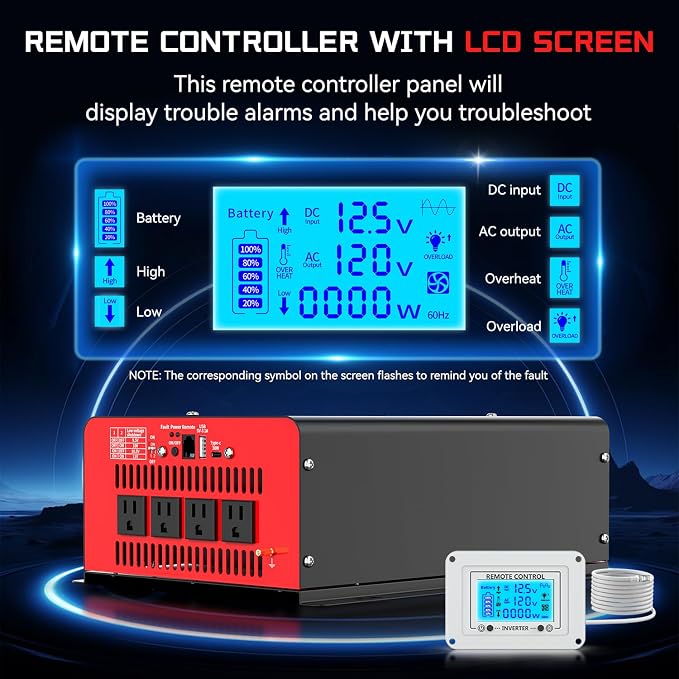 OLTEANP 4000 Watt Power Inverter 12V DC to 110V AC Car Inverter with 4 AC Outlets, 30W Type-C Port, 3.1A USB Port, Remote Controller on LCD Screen, Peak 8000W Car Converter for Truck,Vehicles,Trip