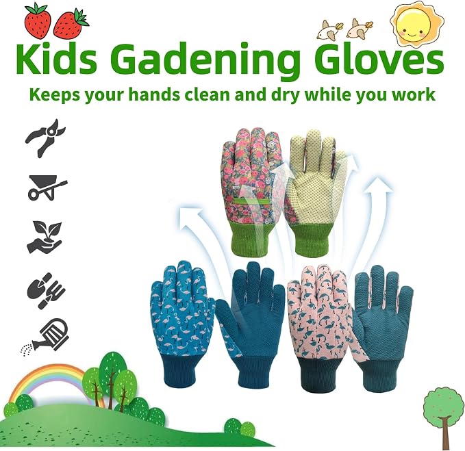 Gardening Gloves for Kids,Toddler,Children,Gift,Cute Pattern,Age3-8 | Canvas,Cute Floral Pattern,Anti-slip Dotted Palm,Soft Knit Wrist,Gardening Gift for Kid,Toddler,Daily Work,Outdoor Activities