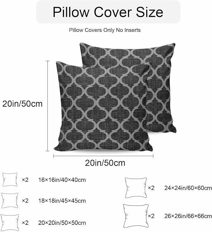 Black Morocco Outdoor Pillow Covers 26x26 Inch Throw Pillow Covers Set of 2 Waterproof Decorative Pillow Cases Boho Vintage Quatrefoil Geometric Plaid Cushion Covers for Patio Furniture Garden Couch
