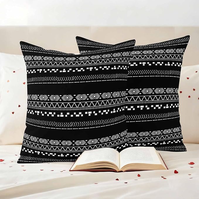 Outdoor Pillow Covers Set of 2, Lines Stripe Diamond Triangle on Black Decorative Throw Pillow Covers 16X16IN, Ethnic Tribal Pattern Throw Pillows Protector Cushion Case for Patio,Couch,Sofa,Garden
