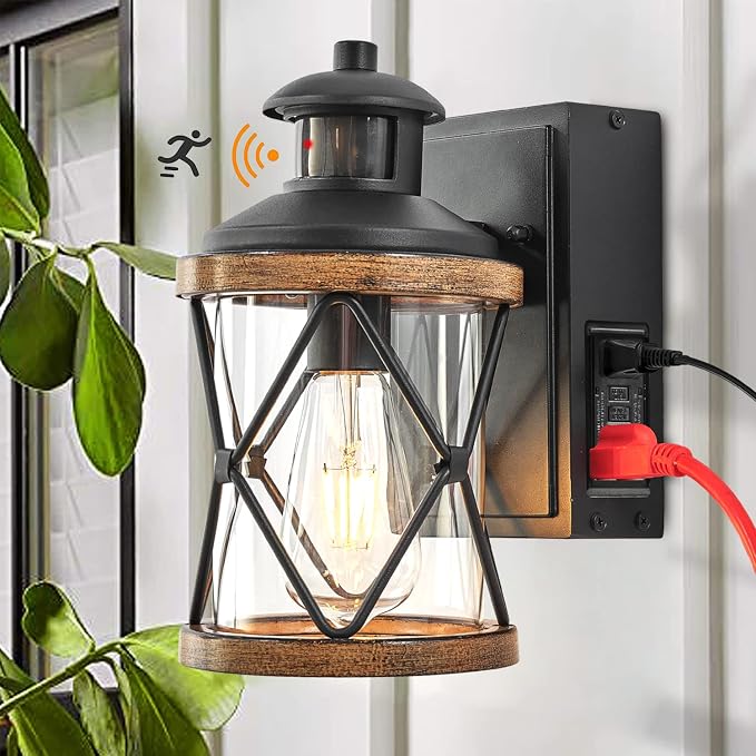 Dusk to Dawn Motion Sensor Outdoor Porch Light with GFCI Outlet,3 Lighting Modes Anti-Rust Waterproof Industrial Outdoor Lantern,Exterior Work lights Rustic Wood-Like Finish Wall Light (Brown, 1 Pack)