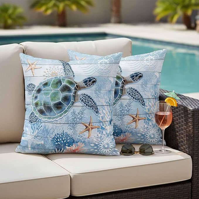 Green Sea Turtle Outdoor Waterproof Throw Pillow Covers Set of 2, 18"x18", Ocean Coral Starfish Vintage Blue Plank Decorative Pillow Covers Outside Cushion Case for Patio Porch Garden