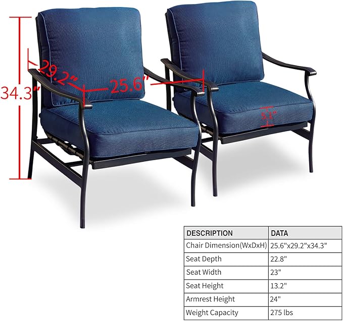 Patio Chairs Bistro Rocking Sofa Chair Modern Outdoor Furniture Set Conversation Sets with 5.1 Inch Thick Seat Cushions (2PCS-2, Blue)