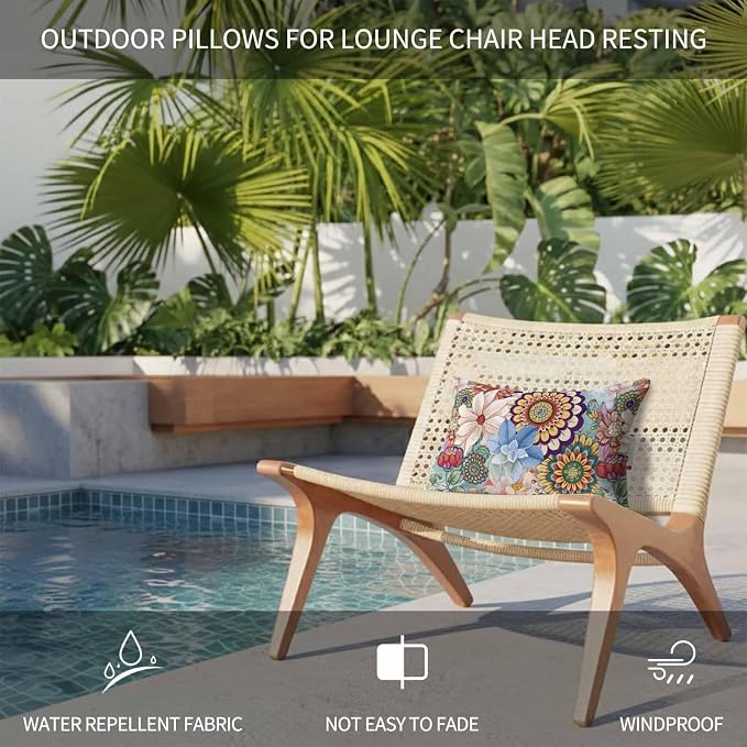 Boho Floral Outdoor Lumbar Pillow 11x16 Inch, Spring Vintage Abstract Art Flowers Waterproof Throw Pillow Covers with Insert, Decorative Chair Cushions for Patio Garden Recliner