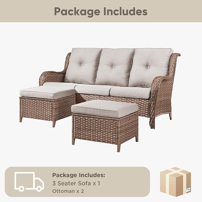 Belord 3-Piece PE Wicker Outdoor Sofa with 2 Ottomans, Luxury Patio Couch Convertible to Chaise Lounge, All-Weather High Back Deep Seat Woven Furniture for Deck, Porch - Yellow